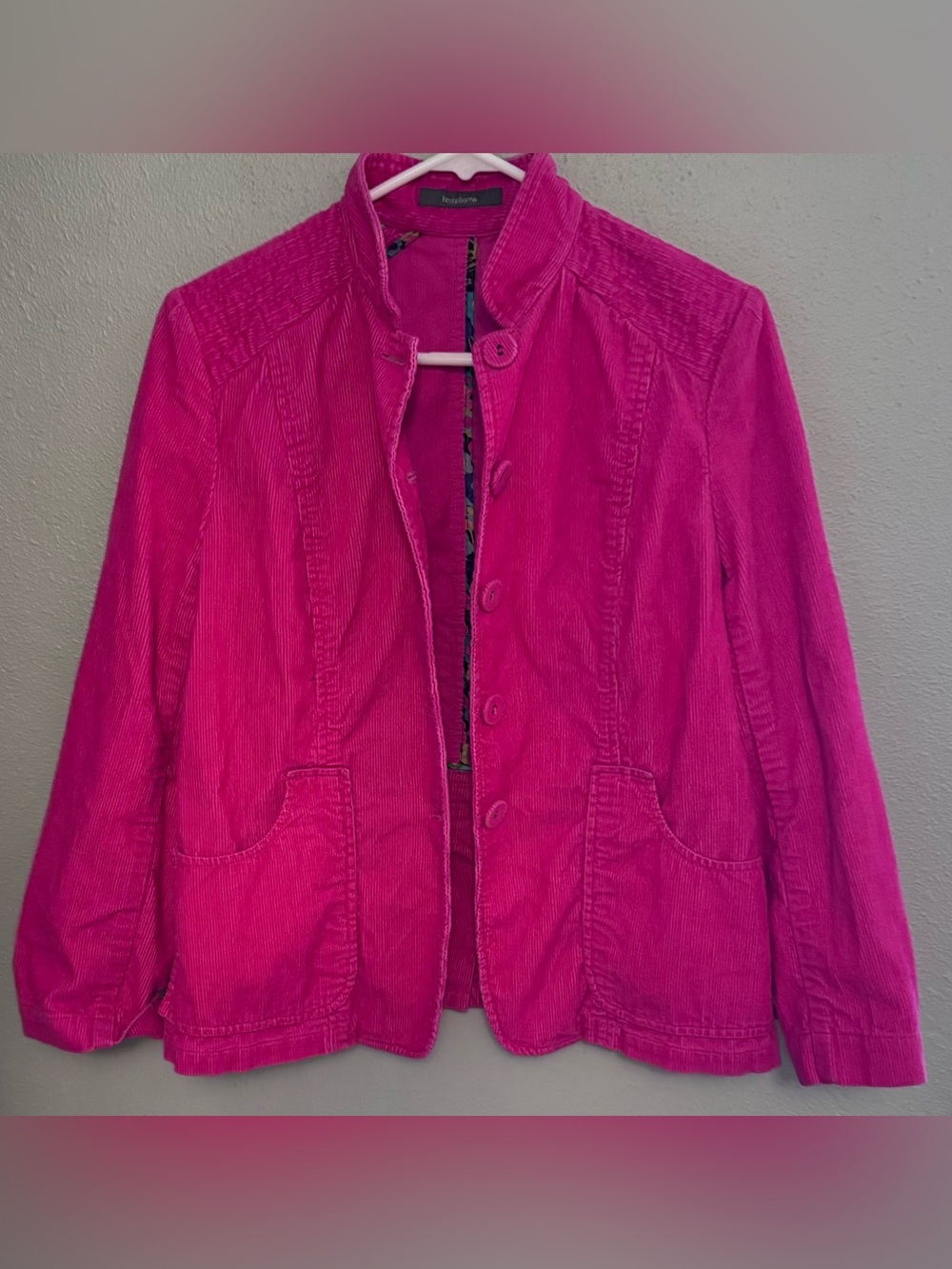Liz Claiborne Bright Pink Corduroy Button Up Jacket with Front Pockets